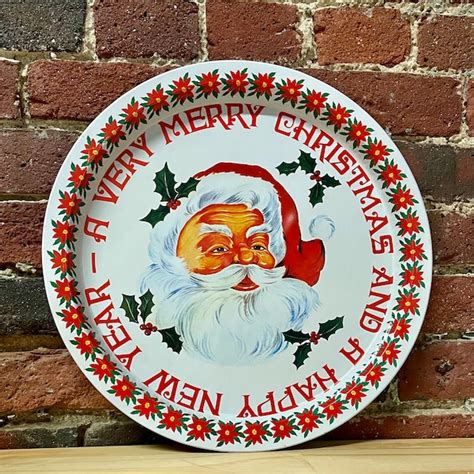 Vintage Kris Kringle Santa Christmas Metal Tray In Snowy 